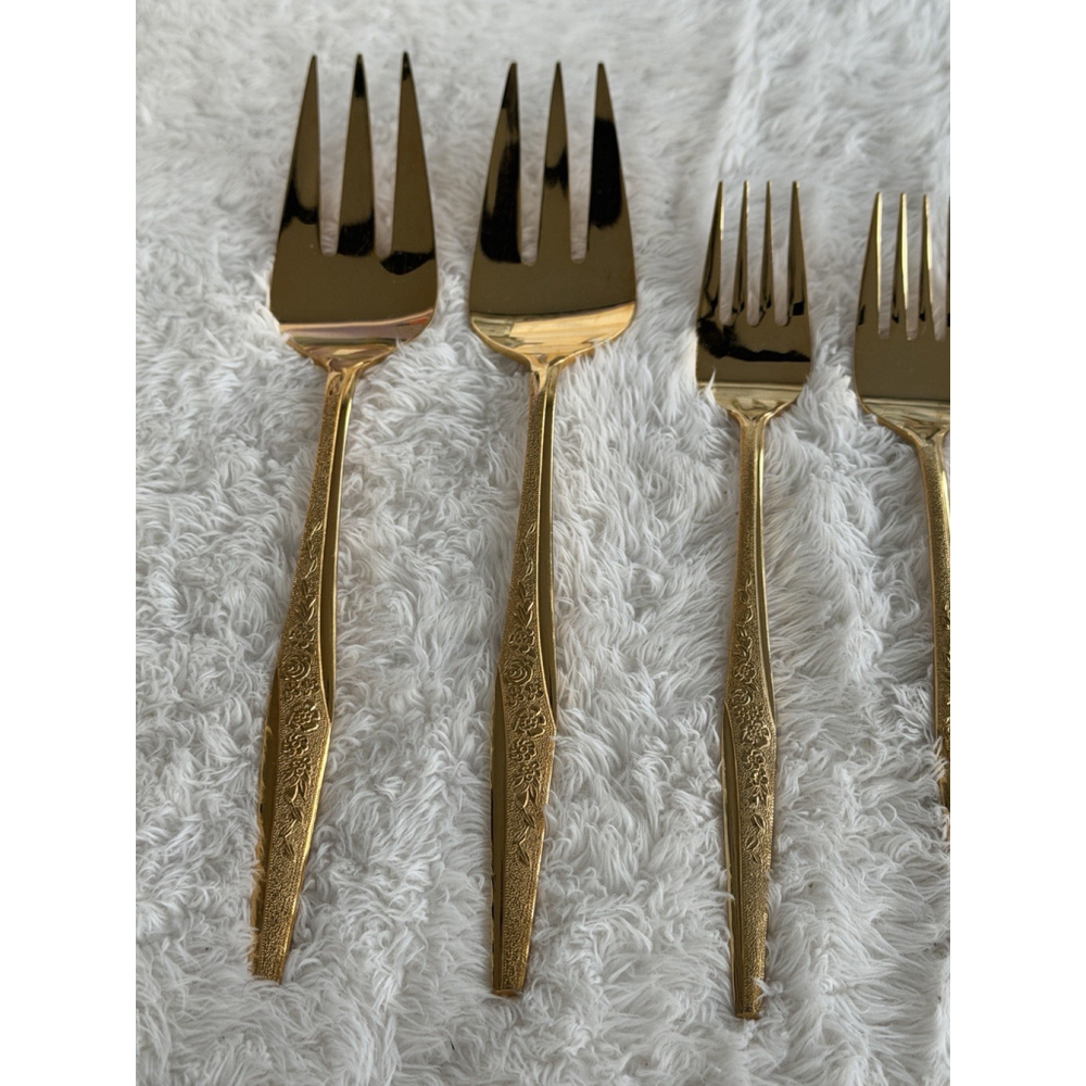 Golden Bouquet 24 kt Gold Electroplate 24 Pieces Flatware & Serving 1980’s - Picture 8 of 16
